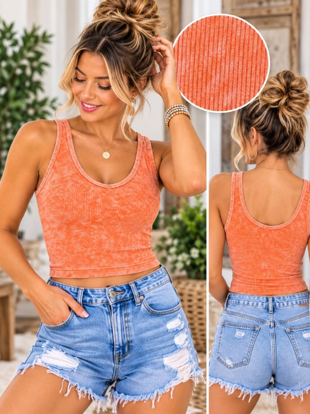 Zenana Orange Mineral Wash Ribbed Crop Top V Neck Seamless L/XL